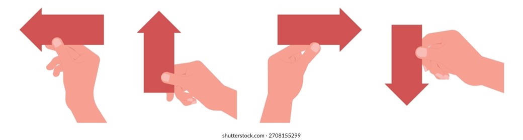 Manos que sostienen las señales direccionales de la flecha roja que apuntan hacia la izquierda, hacia arriba, hacia la derecha y hacia abajo. ilustración del conjunto de instrucciones, navegación y flujo de trabajo