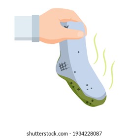 Hands holding dirty sock. Cleaning and laundry. Household chores. Flat cartoon illustration. Smelly clothes