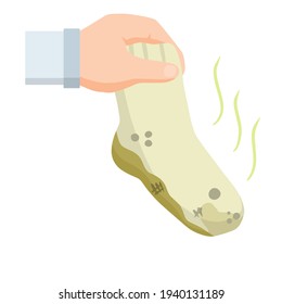 Hands holding dirty sock. Cleaning and laundry. Household chores. Flat cartoon illustration. Smelly clothes