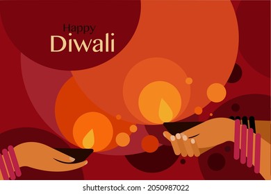 Hands holding Diwali oil lamps. Greetings for Diwali festival of India