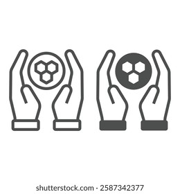 Hands holding DNA chain cells line and solid icon, genetic research concept. Vector graphics. DNA chain in hands sign on white background, outline style icon for mobile or web design