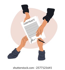 Hands holding a document and a pen. Signing an agreement or contract. Two people make a deal. Vector illustration in flat style.