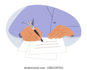 Hands holding a document and a pen. Survey, quiz, to-do list or deal concept. Vector illustration in flat style.
