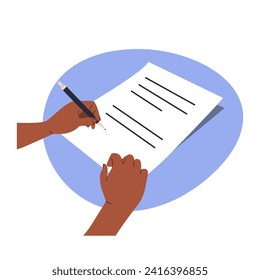 Hands holding a document and a pen. Survey, letter, to-do list, agreement concept, document signing. Vector illustration in flat style.
