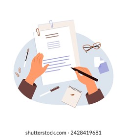 Hands holding a document and a pen. Survey, quiz, to-do list or deal concept. Vector illustration in flat style.	