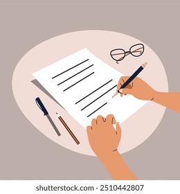 Hands holding a document and a pen. Survey, quiz, to-do list or deal concept. Vector illustration in flat style.	