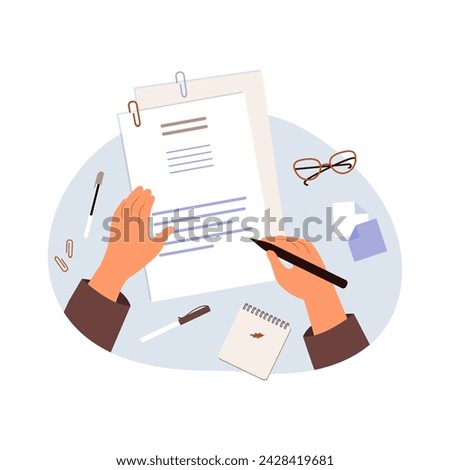 Hands holding a document and a pen. Survey, quiz, to-do list or deal concept. Vector illustration in flat style.	