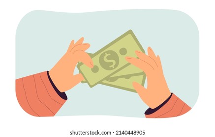 Hands holding dollar banknotes flat vector illustration. Person holding money, cash, savings as symbol of wealth and success. Finance concept for banner, website design or landing web page