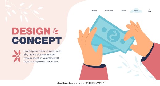 Ilustración vectorial plana de los billetes en dólares en mano. Persona que tiene dinero, efectivo, ahorros como símbolo de riqueza y éxito. Concepto financiero para banner, diseño de sitio web o página web de aterrizaje