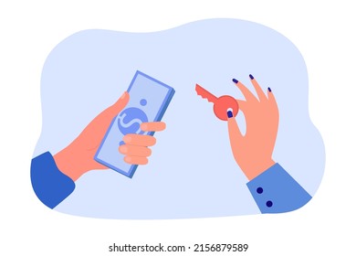 Hands holding dollar bills and house key. Client and real estate agent exchanging money and key flat vector illustration. Finances, investment, property concept for banner or landing web page