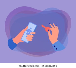 Hands holding dollar bills and house key. Client and real estate agent exchanging money and key flat vector illustration. Finances, investment, property concept for banner or landing web page