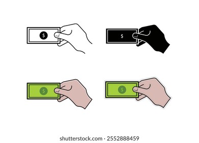 Hands holding dollar bills in line, silhouette, cartoon and sticker styles.