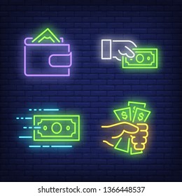 Hands holding dollar bills and wallet neon signs set. Money, finance and banking design. Night bright neon sign, colorful billboard, light banner. Vector illustration in neon style.