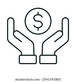 Hands holding a dollar coin. Finance, donation, charity, saving money concept. Hand with cash line icon for web and mobile. White background. Editable vector stroke. Pixel Perfect.