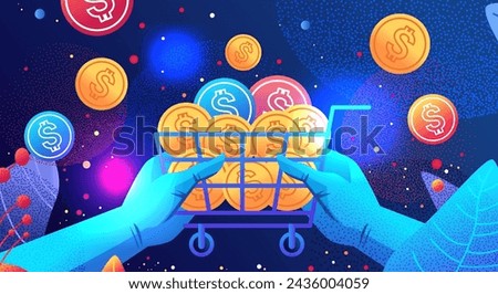 hands holding dollar coins in trolley cart financial banking wealth transformation technology fintech business investment
