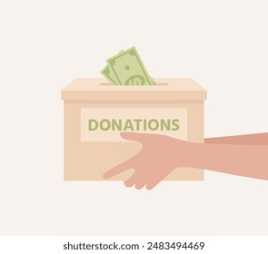 Hands holding a donation box with dollar banknotes inside. Flat vector illustration