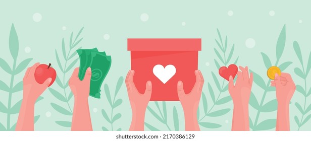 Hands holding donation box. Foundation collects donations to help those in need. Charity and volunteers, motivational poster for website. People share kindness. Cartoon flat vector illustration