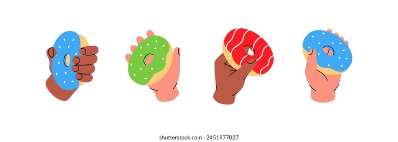 Hands holding donuts. Bakery sweet pastry food. Vector illustration.