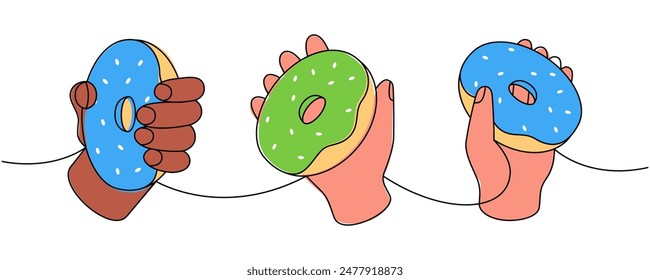 Hands holding donuts one line colored continuous drawing. Bakery sweet pastry food. Vector linear illustration.