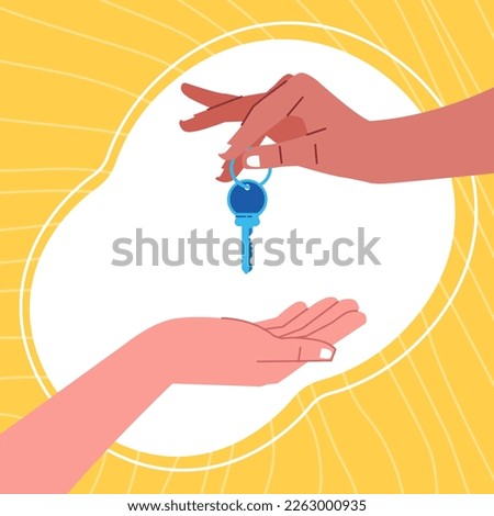 Hands holding door key. Real estate agent give keys to buyer vector Loan mortgage or property illustration