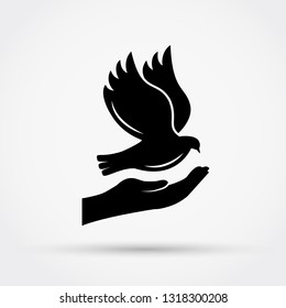 Hands holding dove. Peace concept. Simple flat design vector illustration.