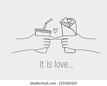hands holding a drink and shawarma. Hands and fast food. a set for friends.