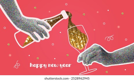 Hands holding drinks and bottle of champagne. 2025 New Year or Christmas party. Vintage halftone collage vector illustration.