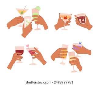 Manos sosteniendo bebidas. Brindis por la amistad, manos sosteniendo vasos Concepto de bebida alcohólica, fiesta de reunión de cócteles. Ilustración de dibujos animados de Vector. Ilustración 3D