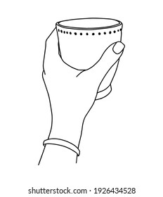 Hands holding drinks. Flat vector doodle illustration isolated on white background.