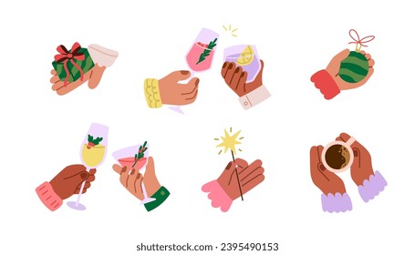 Hands holding drinks, gift box, Christmas decor.