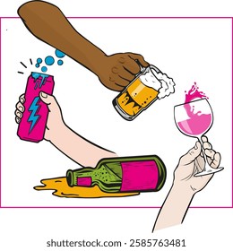 hands holding drinks glasses and a can