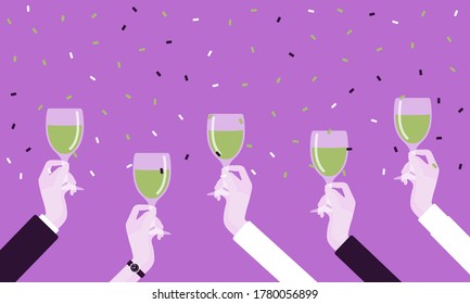 Hands holding drinks for happy festive cheers. Bright anniversary celebration, birthday party, wedding or corporate event gathering, good wishes before drinking. Vector creative stylized illustration