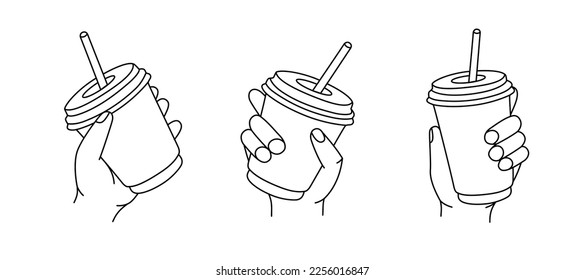 Hands holding drinks outline sketch set. Mug of coffee to takeaway line banner. Coffee time, coffee break concept. Human hand with tea mug cup mock up