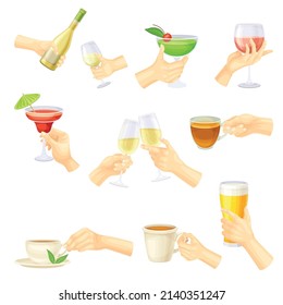 Hands holding drinks set. Male and female hand with cup of tea and glass of champagne, bear, cocktail vector illustration