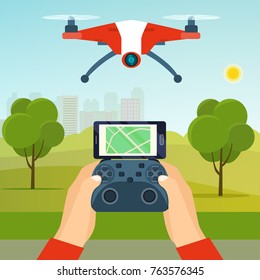 Hands holding drone's controller. Flying drone quadcopter in the park. Vector flat illustration