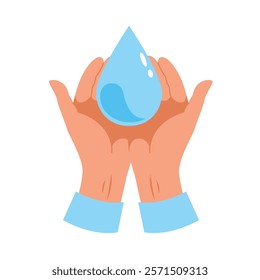 Hands holding drop water. Environment protection. Blue purity clean droplet. Protect poster, natural liquid, heathy drink. Simple icon design. Cartoon flat isolated vector ecology concept