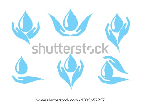 Hands holding a drop of water, icon set, concept of clean water .