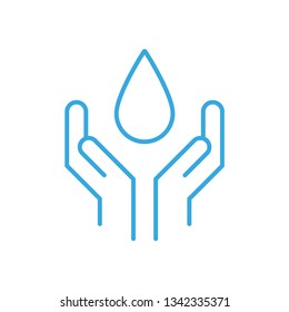 Hands holding drop of water, linear vector icon. Wash hand.