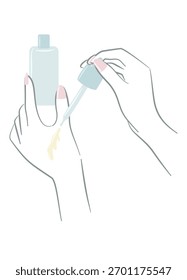 Hände, die eine Tropferflasche und tropfendes Serum aus der Pipette halten, in einem eleganten Umrissstil mit sanften Tönen dargestellt. Stellt Anwendungsschritte für die Hautpflege dar