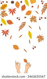 Hands holding dry leaves in falling autumn