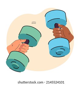 Hands holding dumbbells flat vector illustration. Training equipment for workouts at home or gym. Sport, healthy lifestyle concept for banner, website design or landing web page