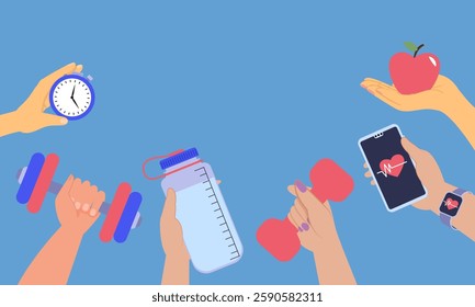 Hands holding dumbbells, stopwatch, water bottle, apple and smartphone promoting healthy lifestyle, wellness and body care