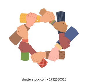 Hands holding each other making circle, togetherness and unity, ethnic diversity. Vector diverse group of people putting arms together. Support and partnership, social movement friendship cooperation
