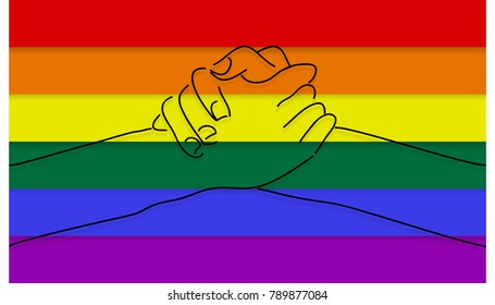 hands holding each other on rainbow flag background. Never give up for LGBT love support. 