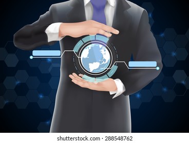 Hands holding earth  of  background  on blue and black. vector