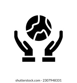 Hands holding Earth black glyph icon. Caring for environment. Protecting natural resources. Eco friendly practices. Silhouette symbol on white space. Solid pictogram. Vector isolated illustration