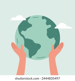 hands holding the earth with clouds in the background, earth environment day poster vector 