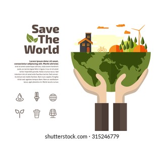 Hands holding Earth with ecology symbols, Ecology concept.