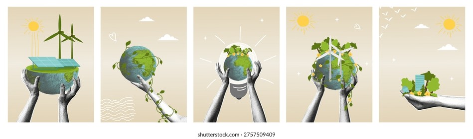 Hands holding the Earth with elements of sustainable energy and nature. Trendy halftone collage. Environmental protection and ecology conservation. Green Planet concept for an Earth Day poster or a