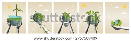 Hands holding the Earth with elements of sustainable energy and nature. Trendy halftone collage. Environmental protection and ecology conservation. Green Planet concept for an Earth Day poster or a